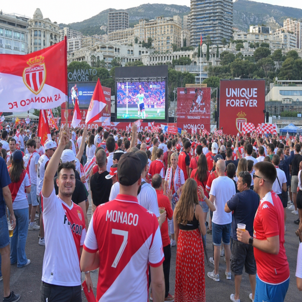 Supporters et ambiance festive dans une fan zone de Monaco